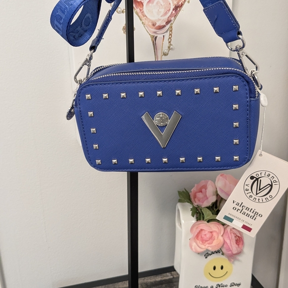 Valentino Orlando Blue Studded Crossbody Camera Bag NWT. 9.5"W X 6" H - Picture 2 of 8